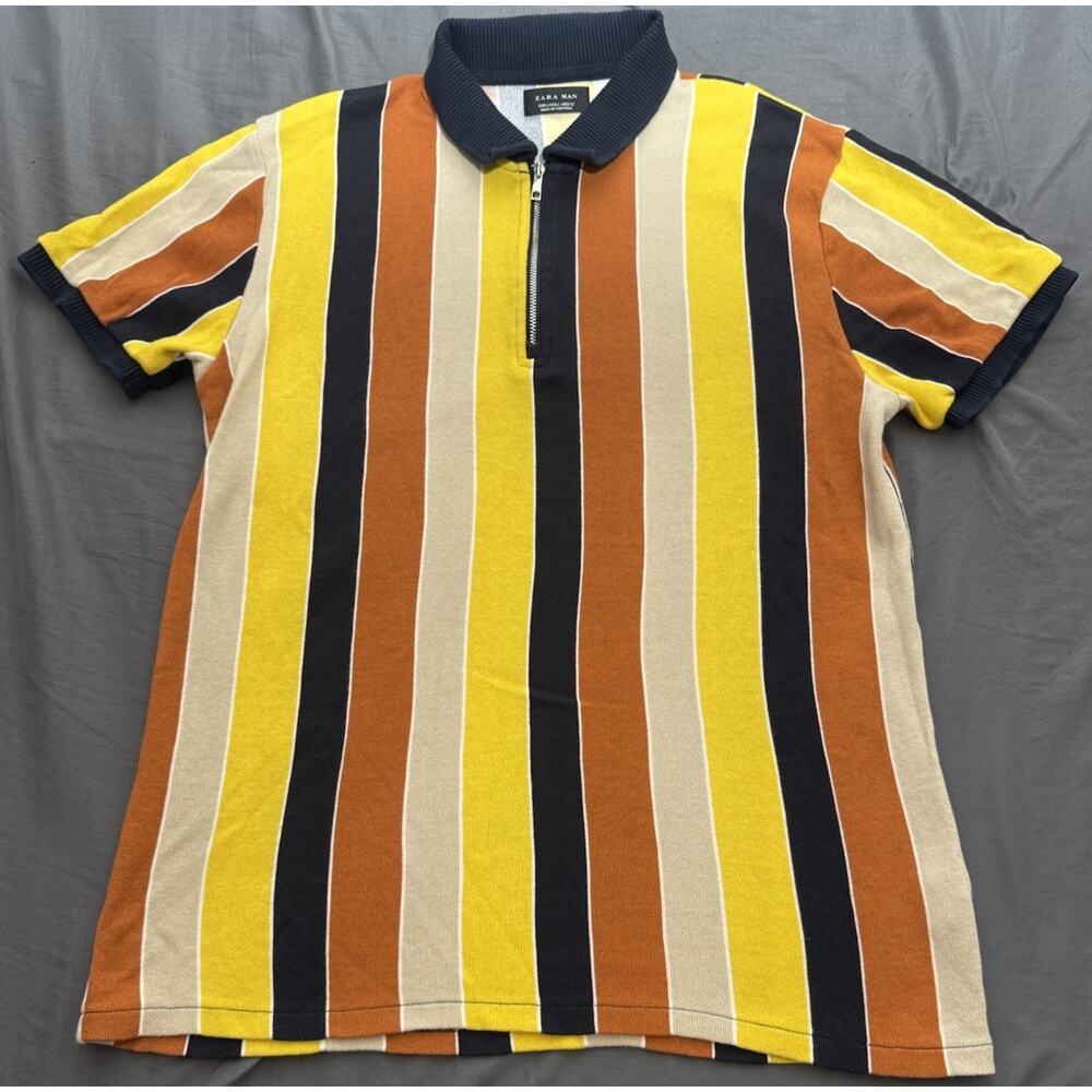 Zara Man‎ Knit Polo Shirt Mens L 1/4 Zip Striped Ribbed Cotton Portugal S/S